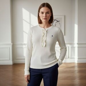 Ralph Lauren Knit Ruffle Henley Thermal Top - Preppy Equestrian Old Money - L